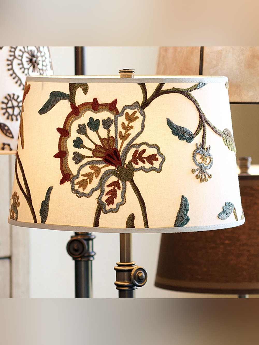 Pottery Barn Crewel Hand Embroidered Tapered Drum Lamp Shade 17' Bohemian Floral